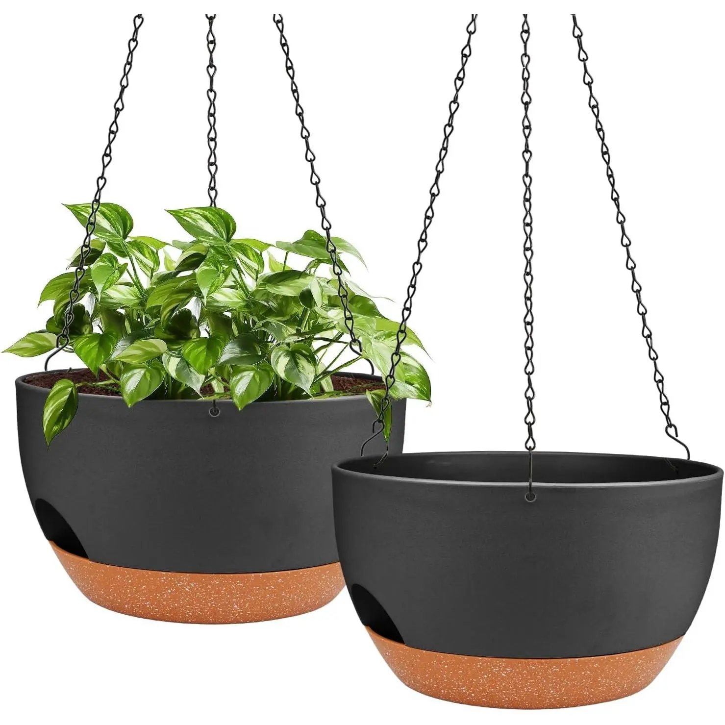 12 Inch Self Watering Hanging Planters with Removable Reservoir, 2 Pack | Drainage Holes, Metal Chain, for Indoor/Outdoor Plants, Patio,Balcony & Garden