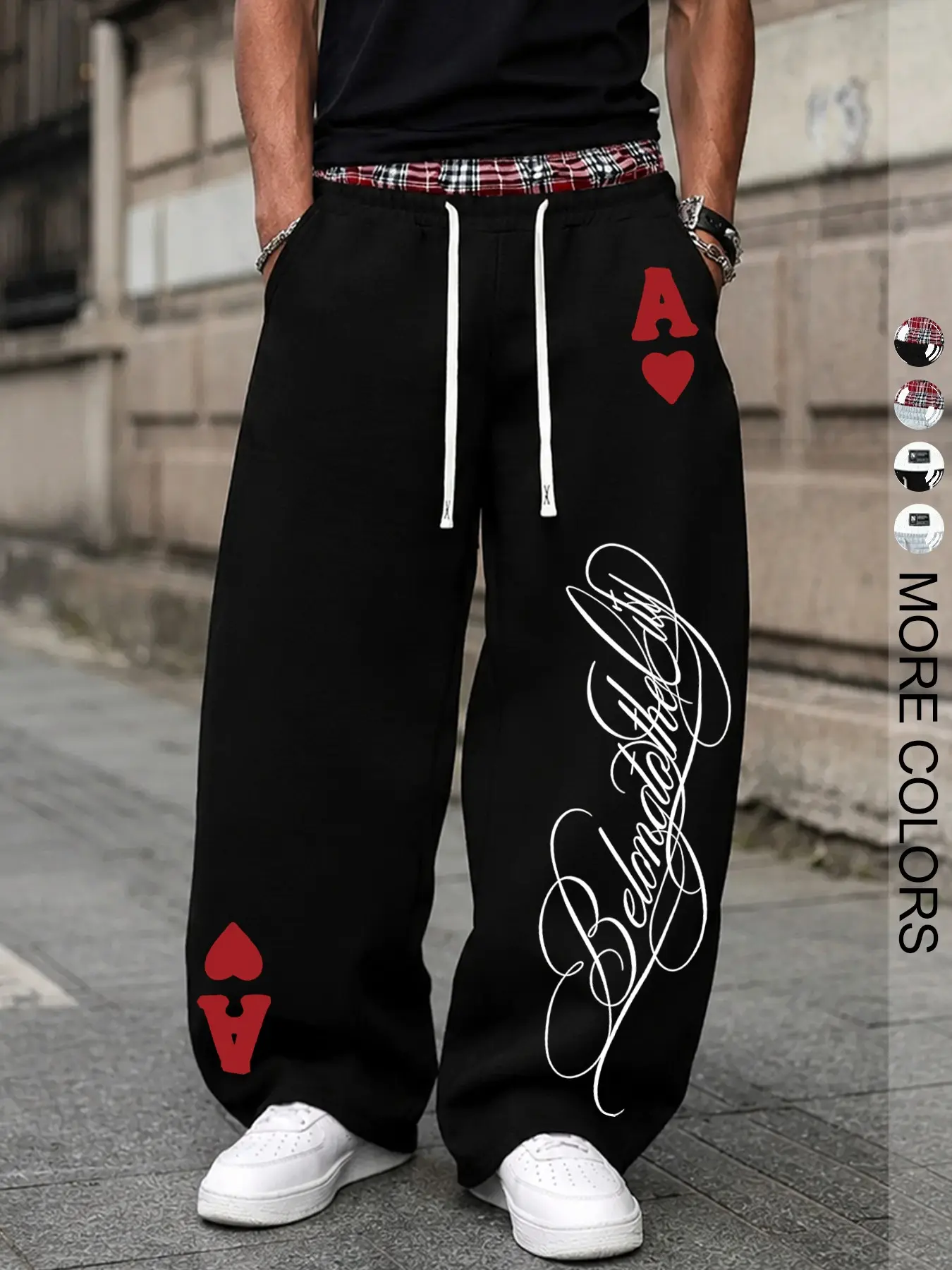 Vintage Graphic Print Baggy Sweatpants for Men, Ace of Hearts Wide Leg Track Pants with Plaid Waistband, Comfy Skater Style Casual Joggers