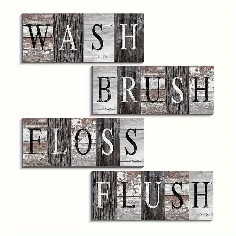 Wooden Letter Pattern Wall Hanging Sign, 4 Counts/set Retro Wooden Wash Brush Floss Flush Letter Wall Art, Wall Decor for Home Living Room Bedroom Hotel, Vintage Plaque Decor
