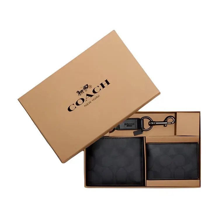 COACH Classic Monogram Tri-Function Cardholder Keychain Wallet for Men, Coated Canvas, Black