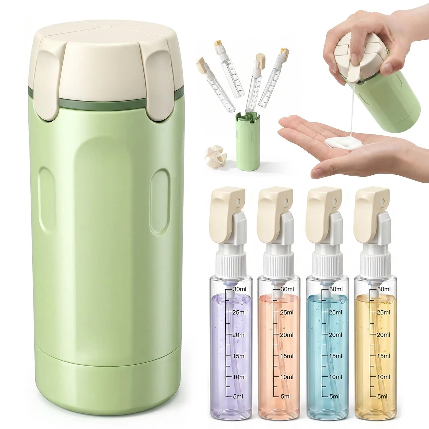 Leakproof Plastic 4-in-1 Travel Toiletry Dispenser 4-Pack, 30mL Refillable Storage Bottles for Shampoo, Conditioner, Body Wash, Lotion – Portable Home Organizer for Camping, Vacation Essentials
