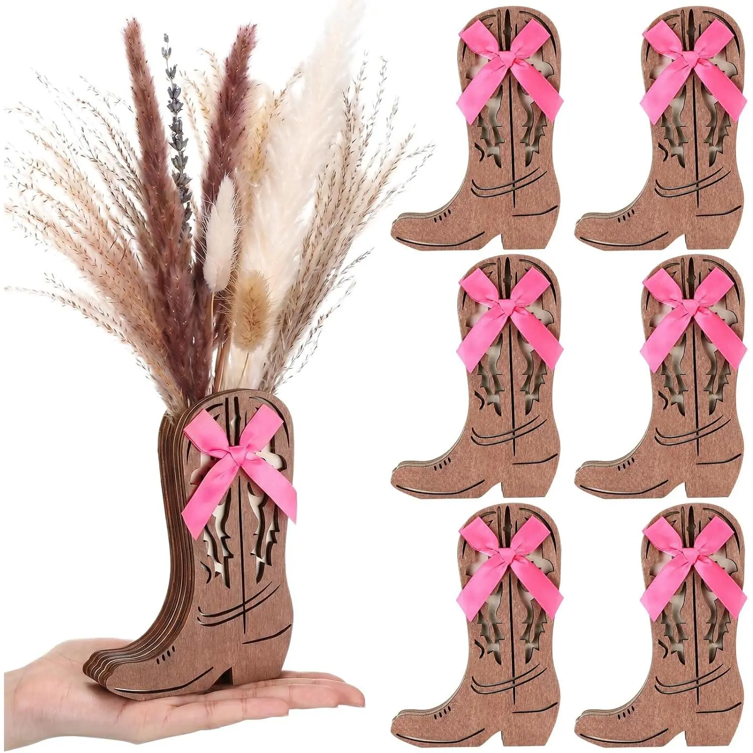 6 count Wooden Cowboy Boot Vases for Tables Centerpieces Small Cowgirl Boot with Bow Flower Vase for Flower Faux Greenery Rustic  Centerpiece for Table Weddings Party Decor(Brown)