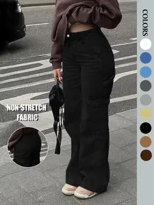 NVFelix Women's High Waist Baggy Cargo Jeans Flap Pocket Y2K Streetwear Wide Leg Denim Pants