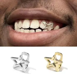 RACHELZ Irregular Hollow Pentagram Star Teeth Grillz Hip Hop Gold Silver Color Tooth Caps For Women Men Jewelry Halloween