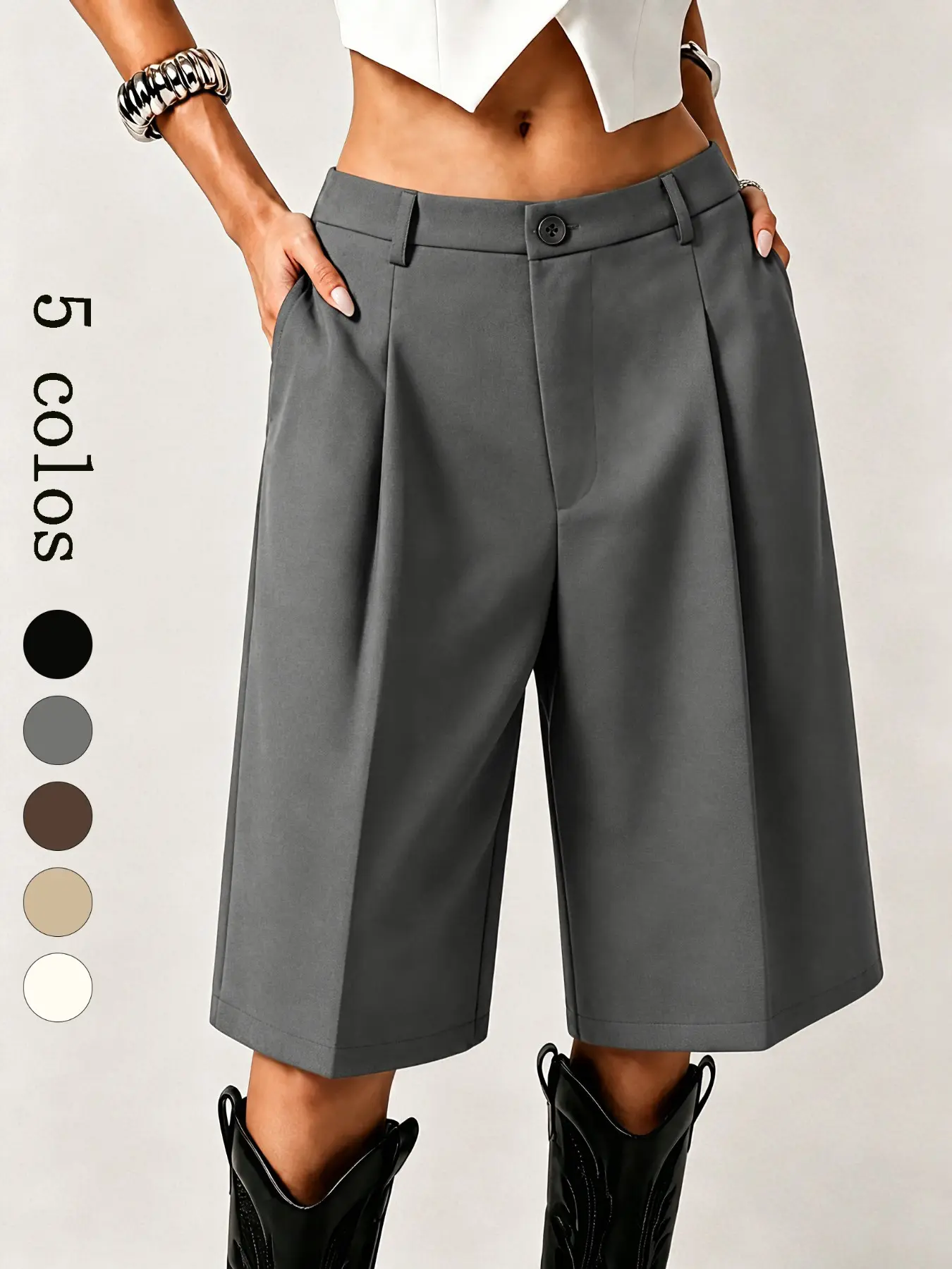 F3920 Chic Casual Athletic Breathable Women's Culottes, High Waisted Front Press Pleats with Loose Broad Leg, Functional Hand Pockets Suited for Daily Commute, Romantic Meetups, Streetwear and Festival Occasions.
