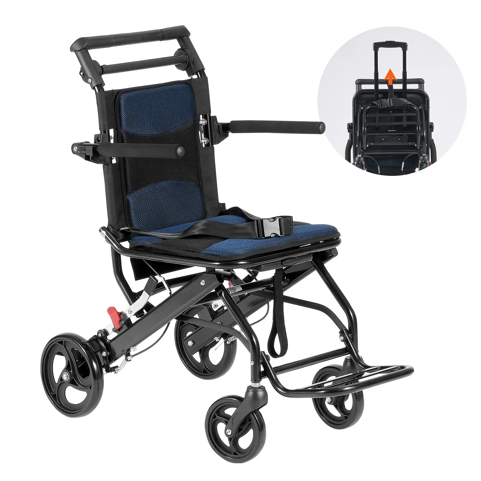 VEVOR Foldable Chair for Adults, Aluminum Alloy Ultra-Lightweight Transport Wheelchair with 15.75" Width, Flip-Back Arms, Self-Brake Lock, Foldable Cabin Design, 220lbs Load Capacity