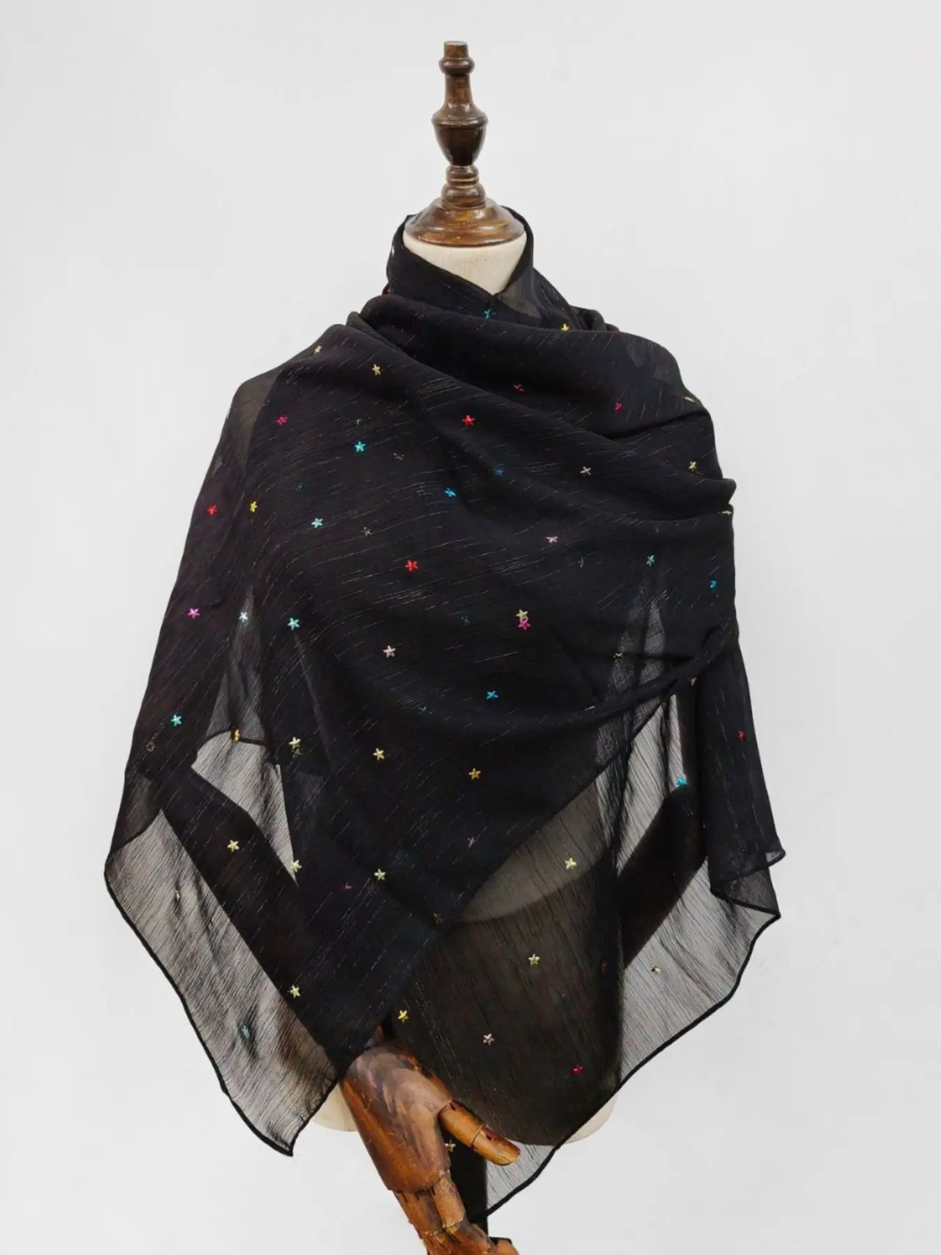 Pure Color Star Sequin Pleated Chiffon Headscarf, Lightweight Transparent Breathable Long Scarf, Vacation Photo Atmosphere Shawl