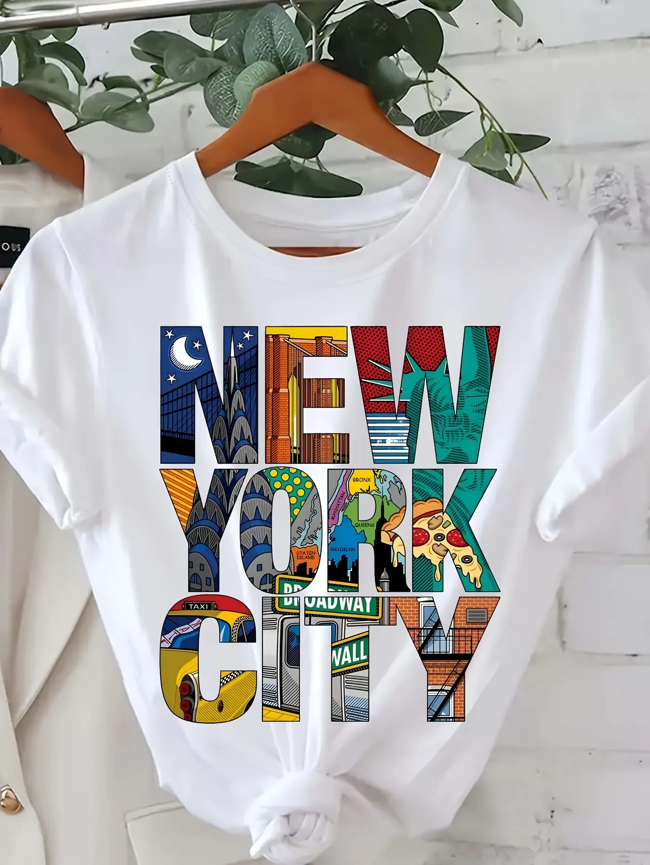 Women's Short Sleeve Cotton Knit Stretch T-Shirt - Regular Cut Graphic Print NYC Orienteering Casual Round Neck Top with Skyline & Geometric Map, Machine Washable Urban Navigation Tee, Fabric