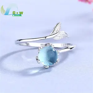 Mermaid Theme Adjustable Open Ring Blue Crystal Fish Tail Korean Minimalist Forest Style Stackable Finger Jewelry for Women Girl