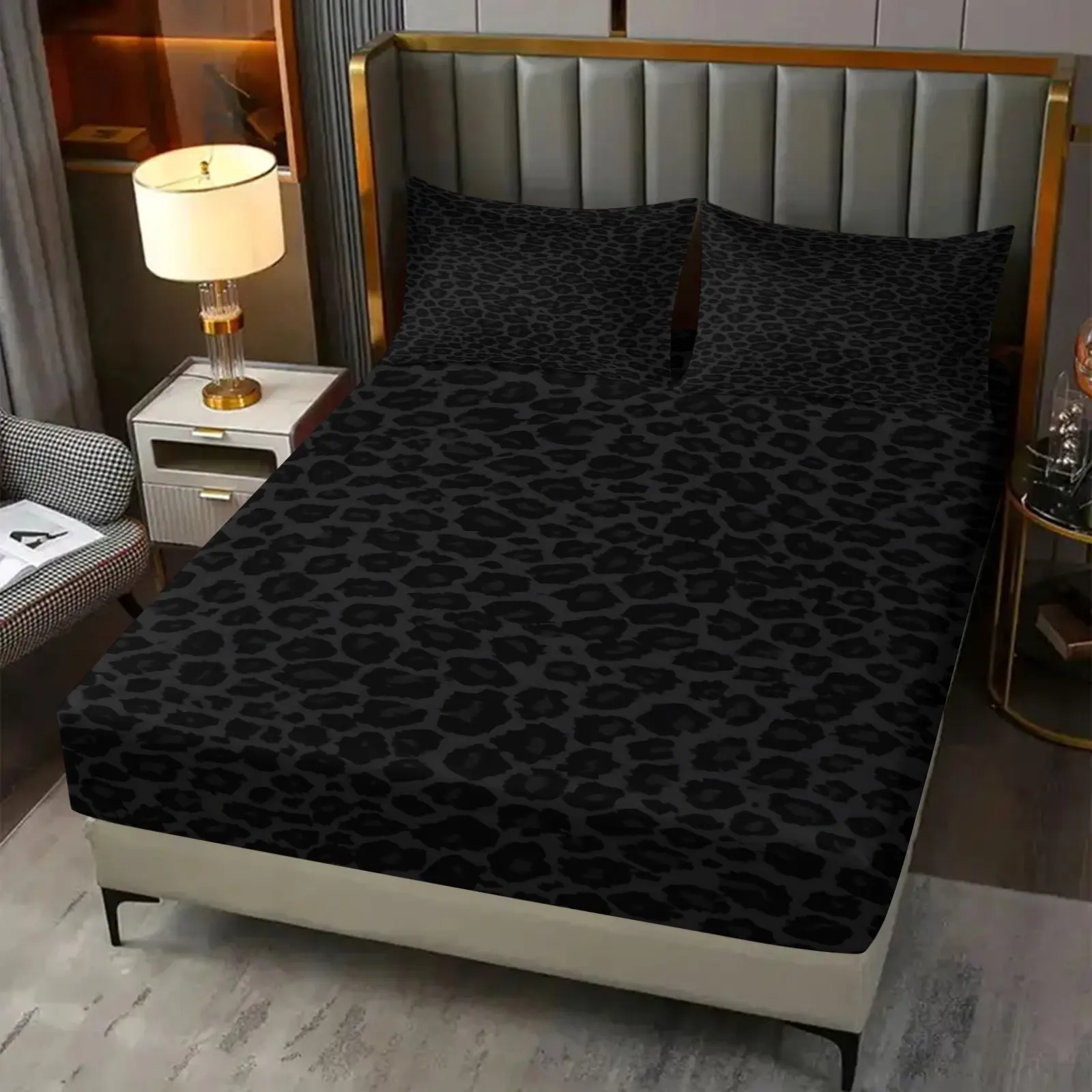 2/3Pcs Dark Black Leopard Print Fitted Sheet Set, Gothic Dark Aesthetic Deep Pocket Bed Sheets for Women Teen Girls, Soft Breathable Microfiber Around Bedding with Pillowcases, Machine Washable Edgy Bedroom Decor