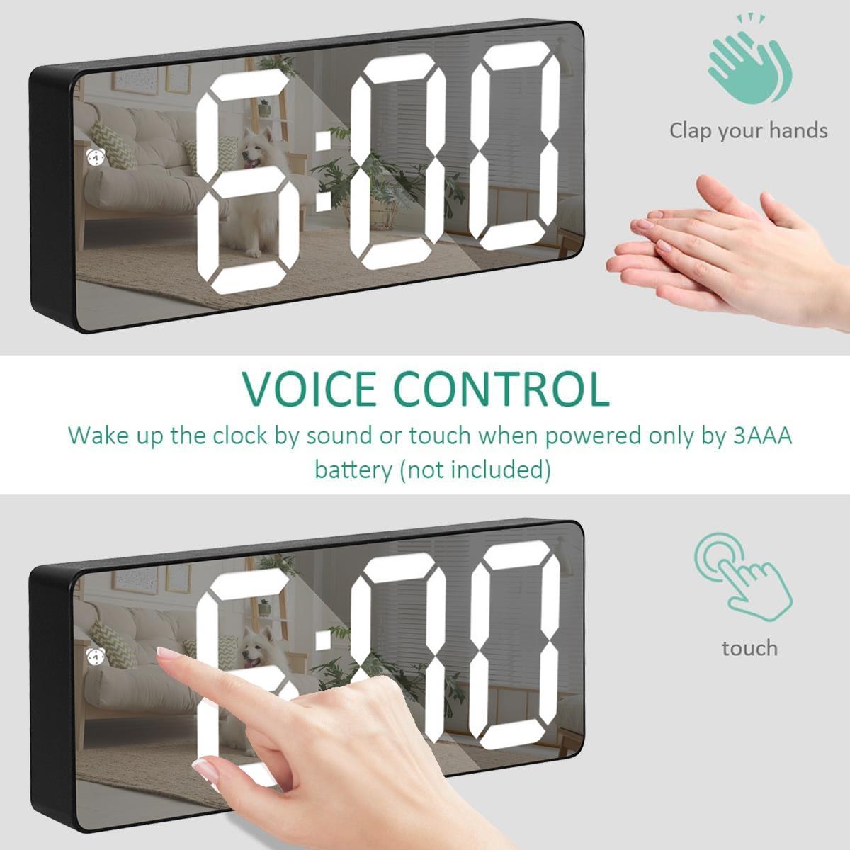 Mini Size Mirror LED Clock Simplicity Colorful Alarm Clocks Ultra Portable Travel Bedroom Bedside Clock 12/24H Display 6.3inches Large Display LED Digital Snooze Time Date Temperature Memory 3 Brightness Adjustable USB/Battery Powered Living Office Desk