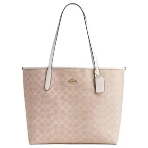 COACH City 33 Classic Monogram Snap-Closure Tote Bag for Women, Coated Canvas, Top-Handle and Shoulder Carry, Oversized, Beige