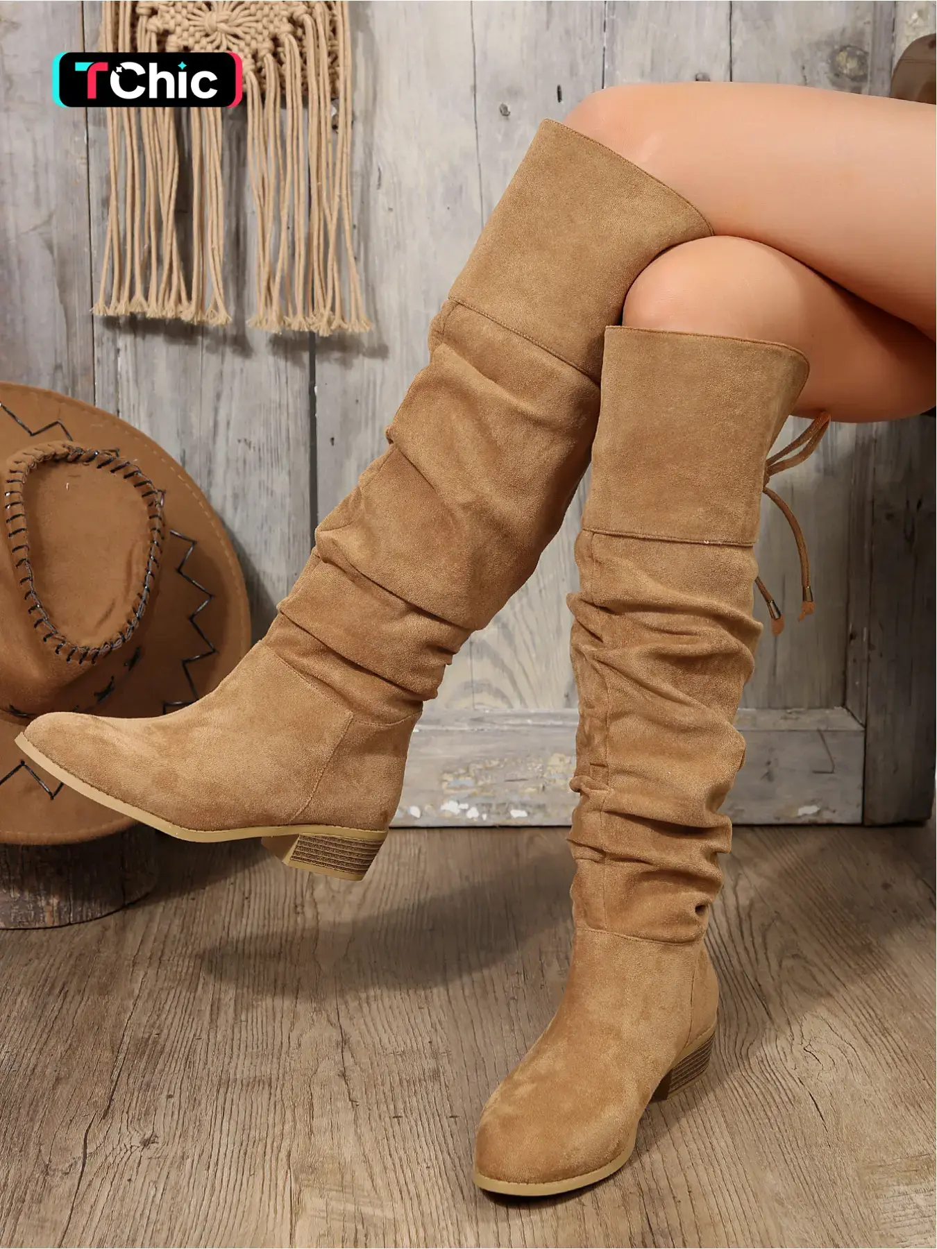 Women's new autumn and winter pleated stacked western boots, over-the-knee boots with back drawstring, low chunky heel, Slouchy Boots, loose long boots suitable for Christmas, New Year, music festivals, dates, parties, and everyday wear