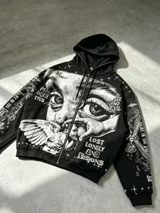 Popular street style men's hoodie sweatshirt angel eyes print zipper cardigan coat autumn and winter velvet warm hoodie women's American retro men's jacket Y2K trendy brand angel sweatshirt Streetwear