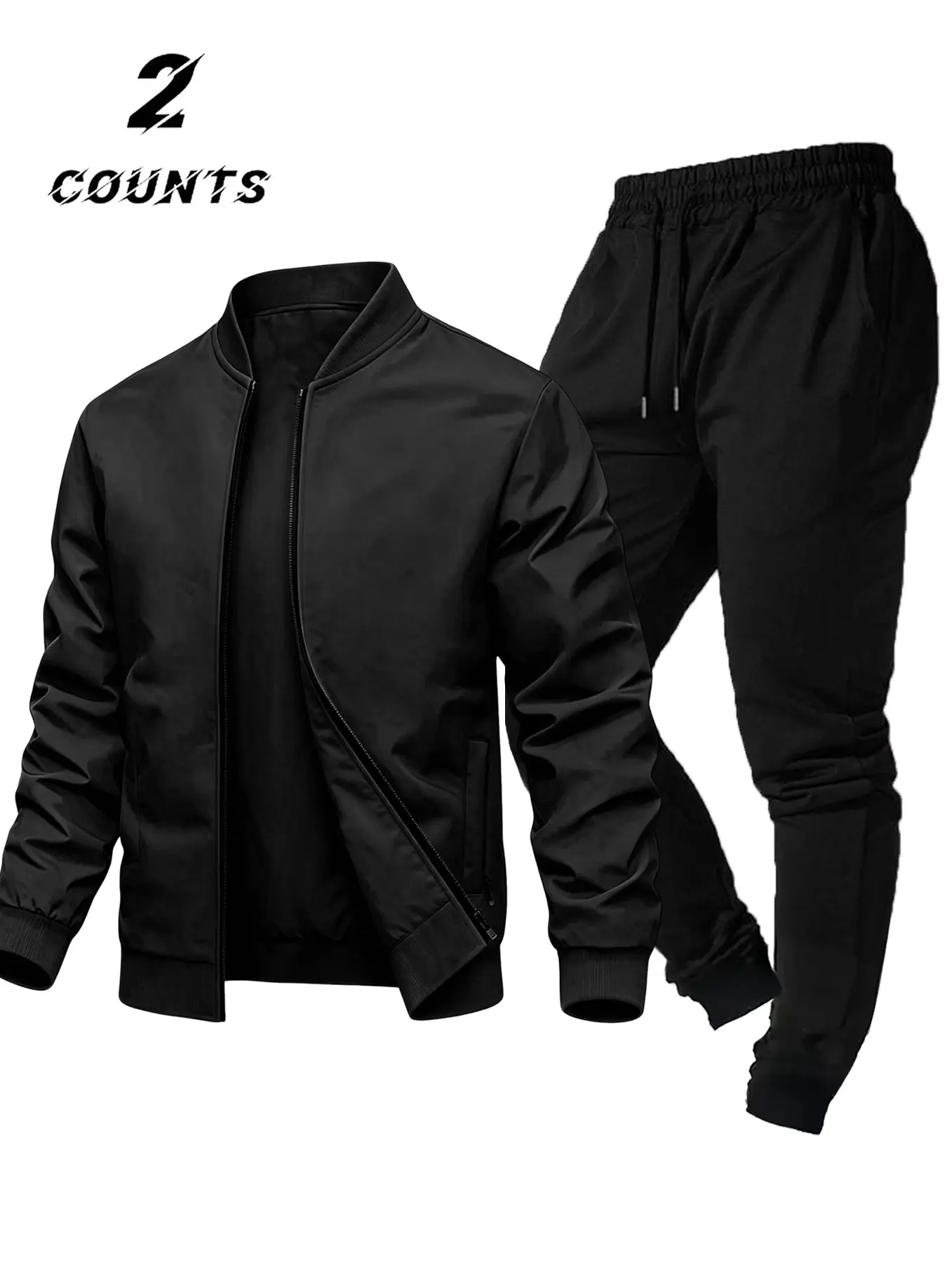 Men's Two-Piece Set, Solid Color Baseball Neck Zipper Jacket + Jogger Pants, Sporty Cleanfit Style, Long Sleeve, Fitted, All Seasons, Sports Activewear Set