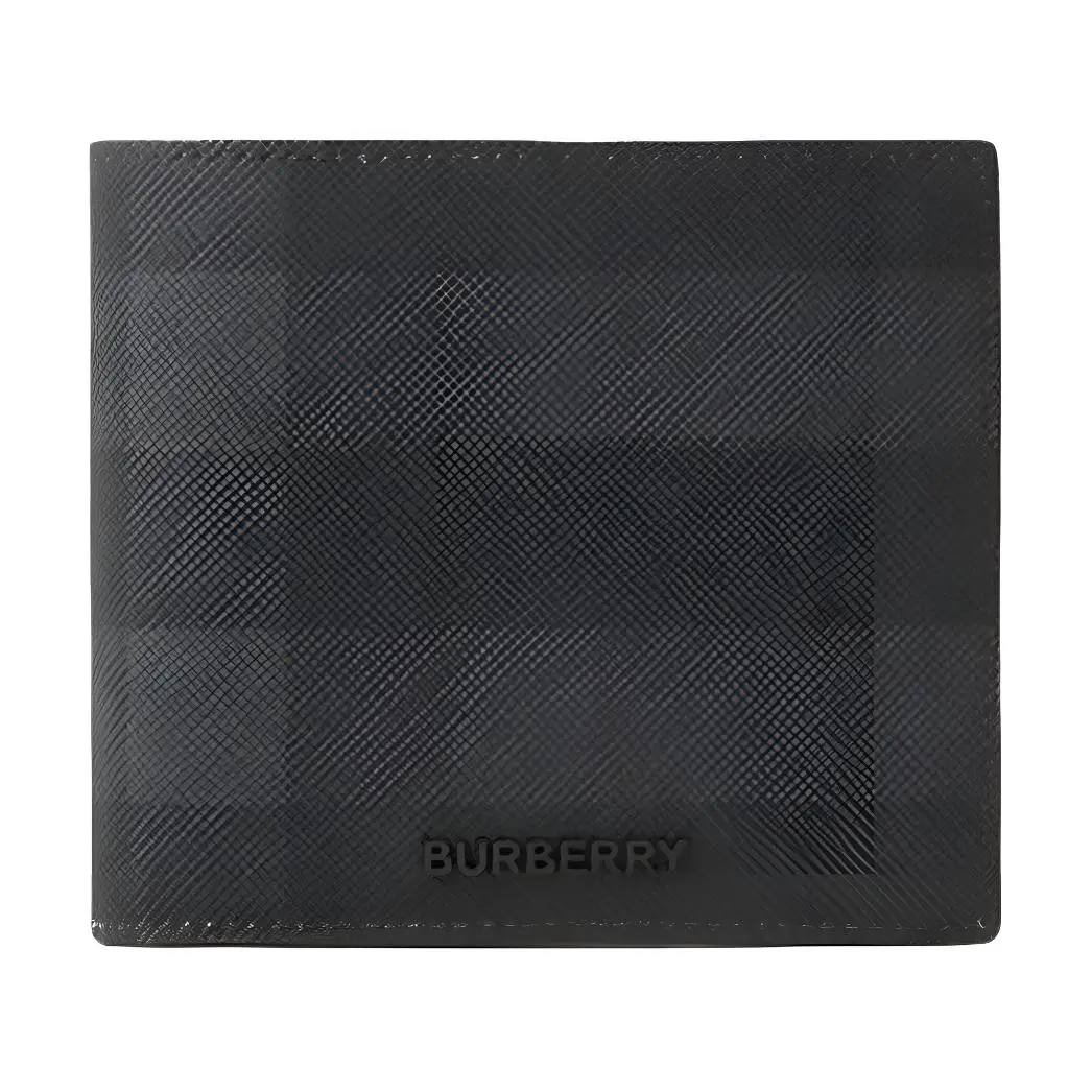 Burberry Charcoal Gray Leather Wallet for Men with Check Pattern and Letter Logo Flap