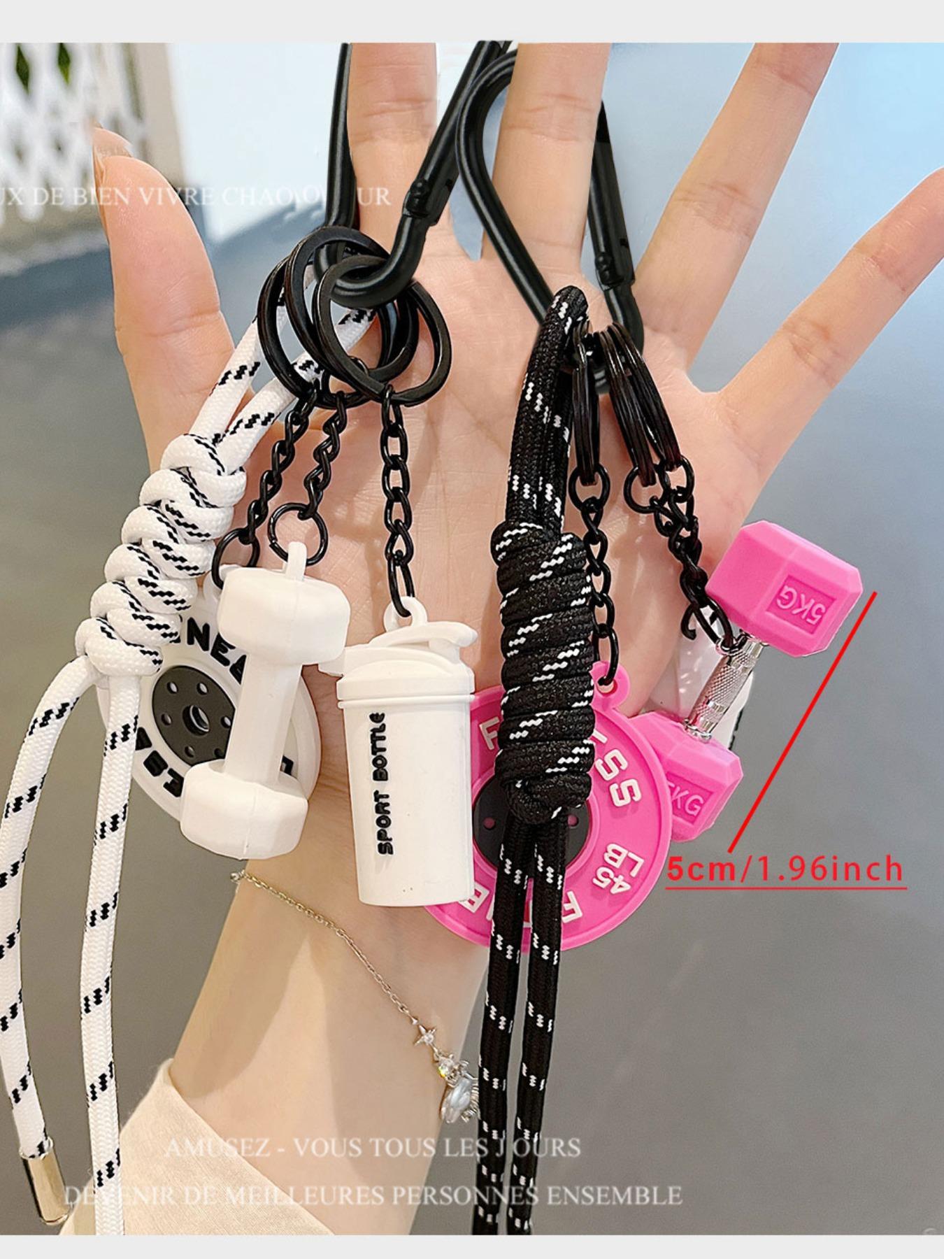 Sports Fitness Keychain Lanyard Keyring Barbell & Dumbbell Pendant Keychain With Woven Black White Rope, Keychain for bags, Keychain Accessories