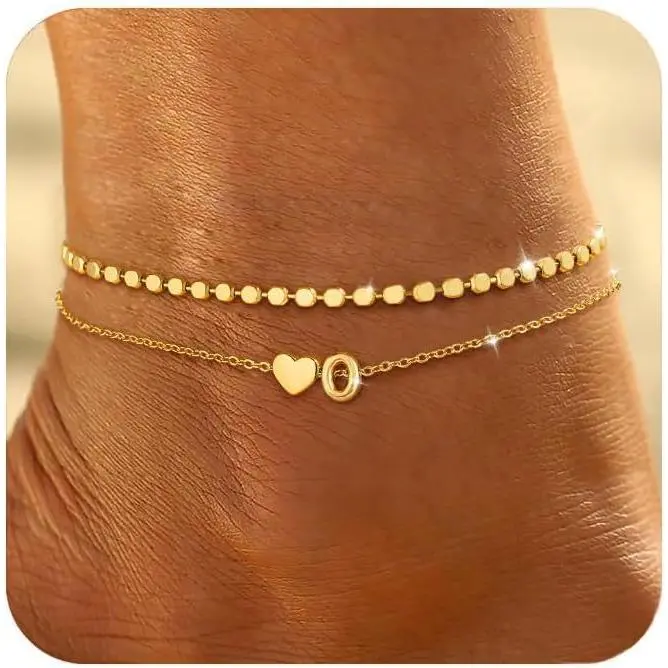 14K Gold Plated Initial Ankle Bracelets for Women Waterproof Layered Anklets Non Tarnish Dainty Heart Letter A-Z Foot Chain Handmade Adjustable Summer Beach Gold Anklet Jewelry Holiday Gift