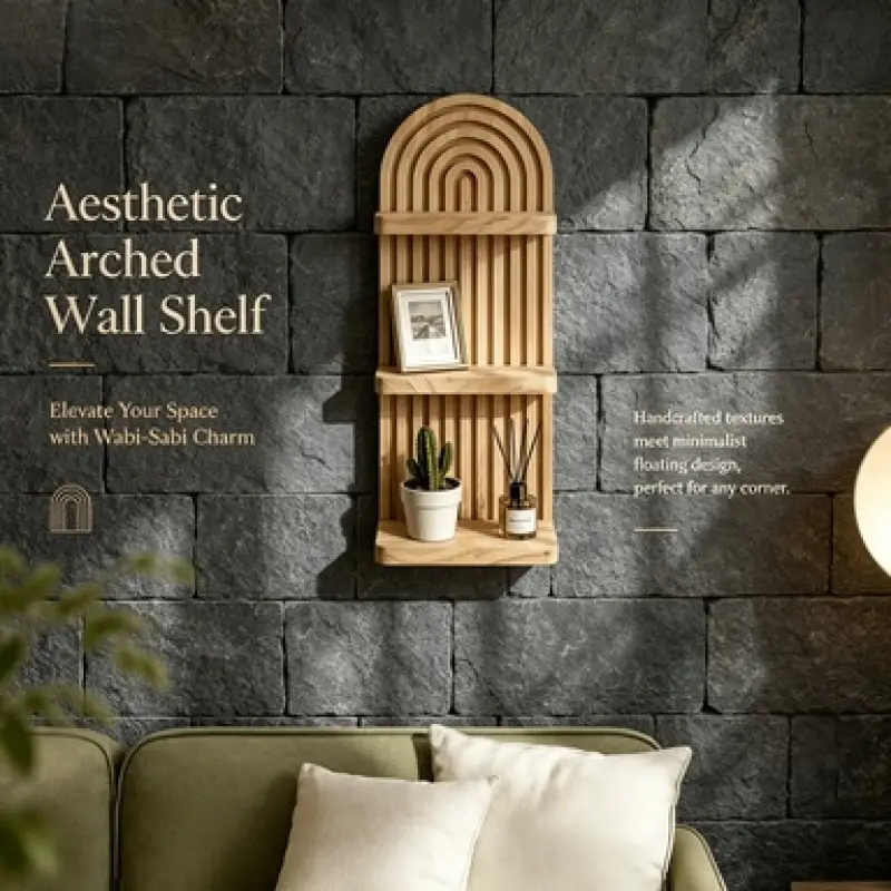 Aesthetic Arched Vertical Slatted Wall Mount Wooden Shelf, Space-Saving Floating Design, Ideal for Bedroom Entryway to Organize Decor Vases and Small Tabletop Ornaments