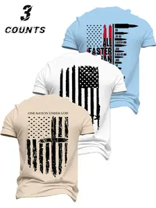 American Vintage Patriotic Flag Print T-Shirt Set, Summer Elastic Slim Fit Short Sleeve, Men's Outdoor Street Fitness Top
