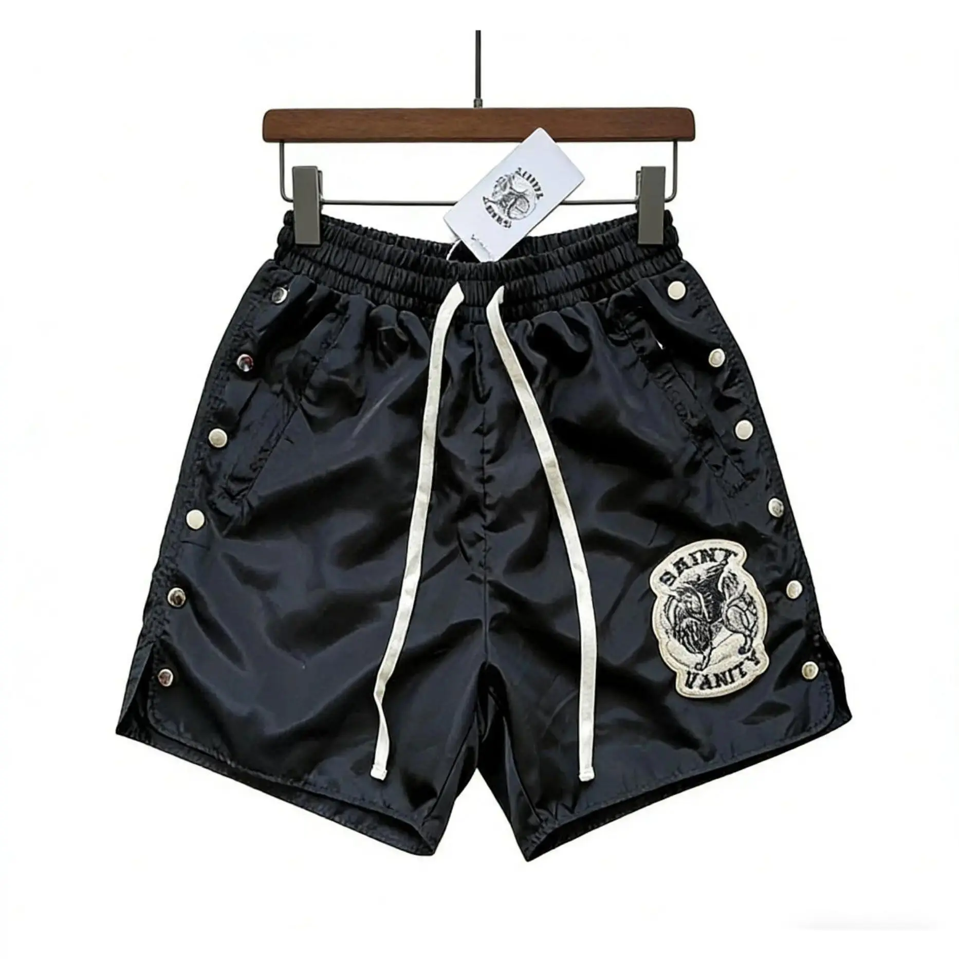 SAINT VANITY Embroidered Streetwear Shorts Men Y2K Snap Button Side Rivet Cargo Athletic Shorts Nylon Elastic Waist Drawstring Loose Fit Gym Running Summer Casual Unisex Sportswear