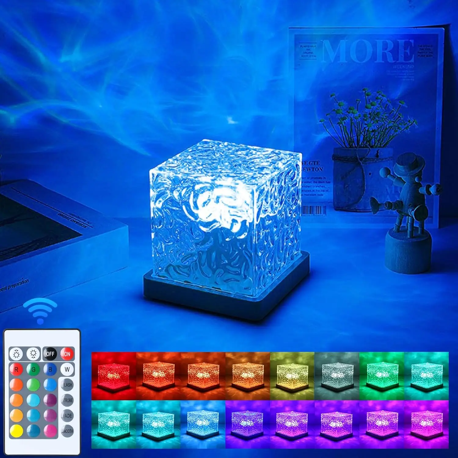 USB Powered Wave Pattern Cube Night Light, RGB 16 Color Changing Table Lamp with Remote Control, Creative Bedside Atmosphere Projection Lamp for Home Bedroom Decoration, Dimmable Mood Lamp, Dimmable Lights