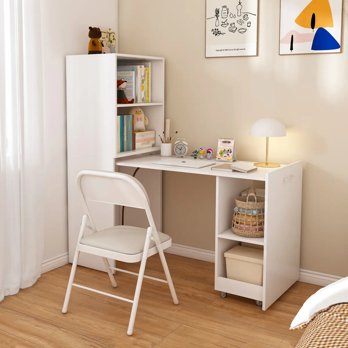 Stretchable desk, office desk with storage shelves and mobile wheels, foldable desk suitable for small apartments and offices