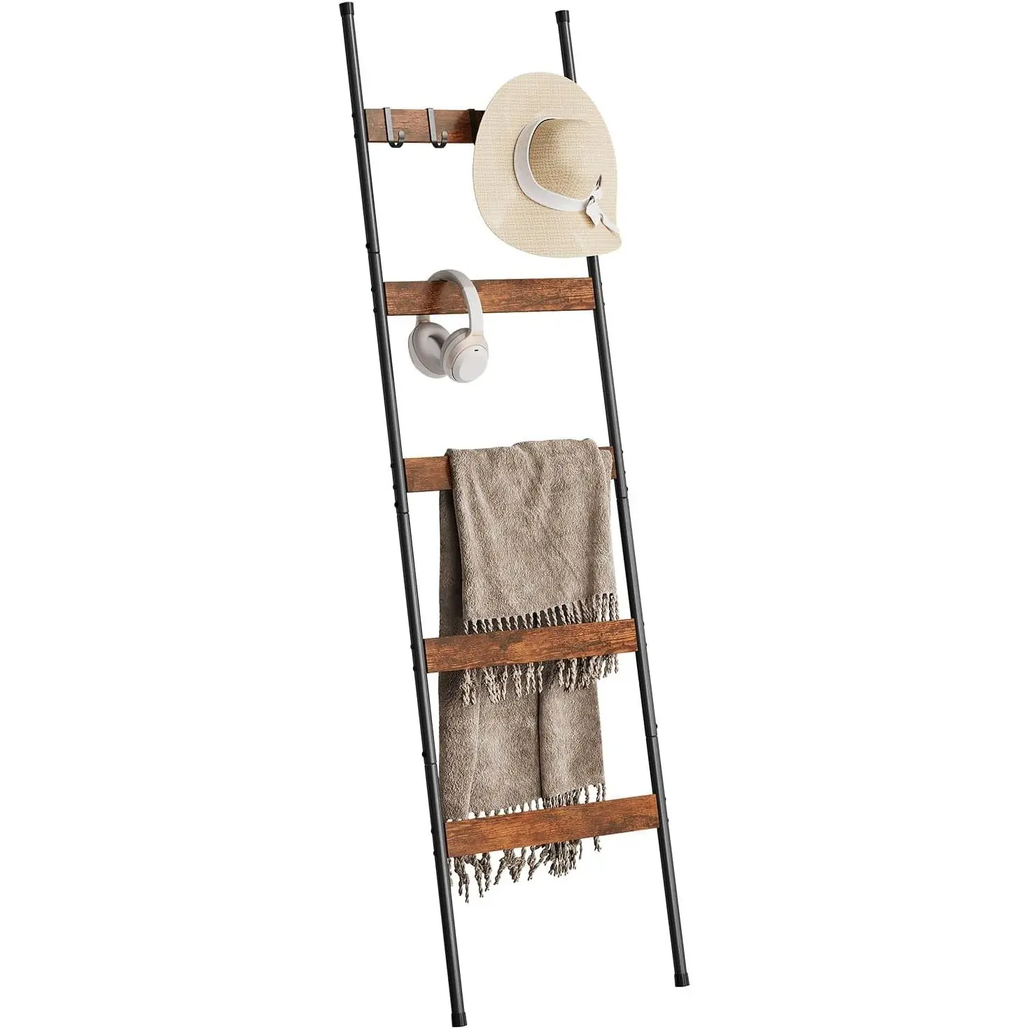Blanket Ladder for Living Room, Farmhouse 5-Tier Quilt Holder with 4 Removable Hooks for Bathroom, Wood Towel Rack Display, Wall Anchor Leaning Decorative Stand for Home, Rustic Brown