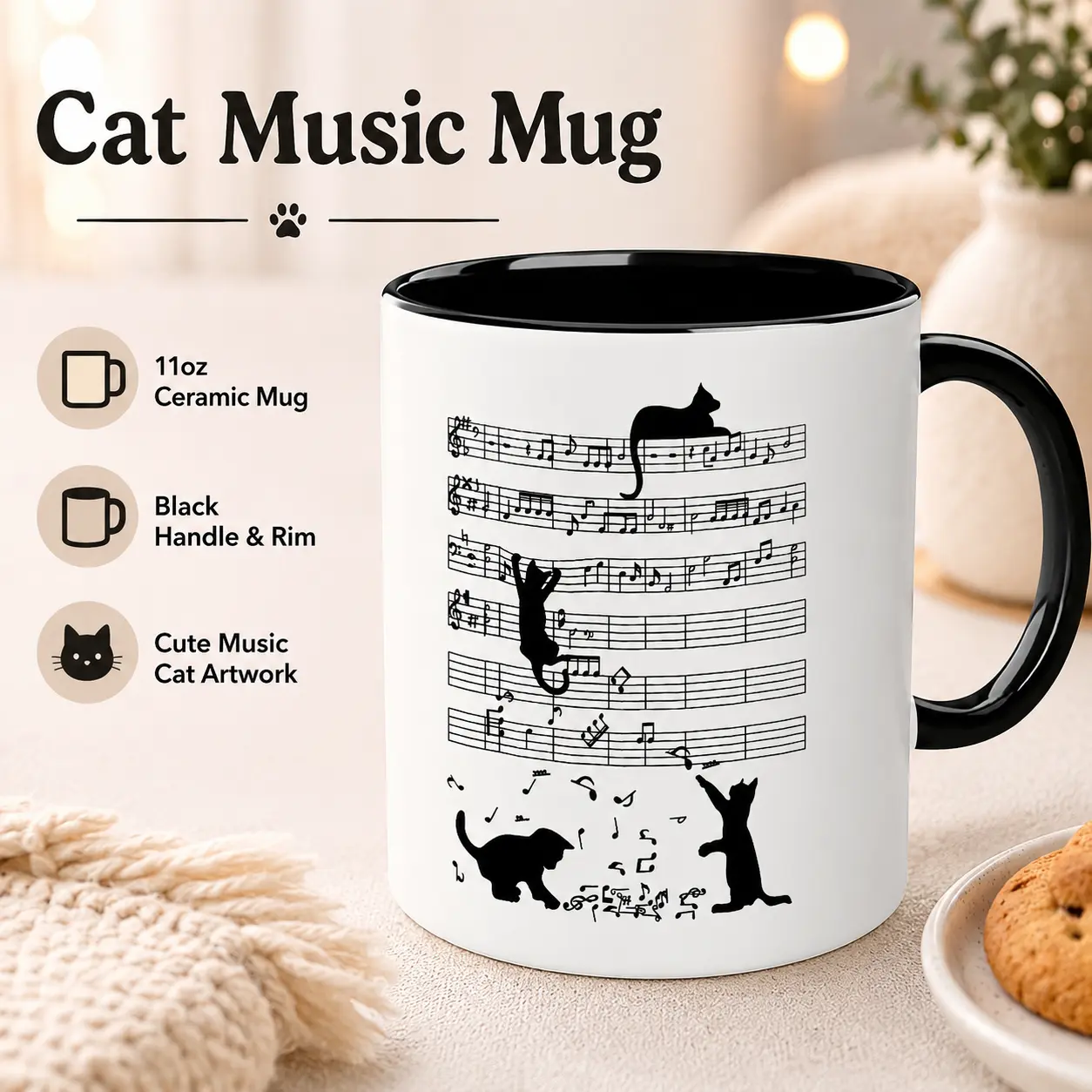 11oz Funny Black Cat Ceramic Music Mug - 2-Tone with Black Handle & Interior, Aesthetic Kitchen Drinkware Gift for Cat Lovers, Home Office Desk Use