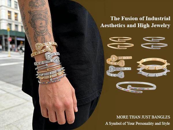 14K Gold Plated Brass Nail Bangle Bracelet for Women Men, 5A Cubic Zirconia Inlaid Unisex Stackable Non Tarnish Gold Bracelets