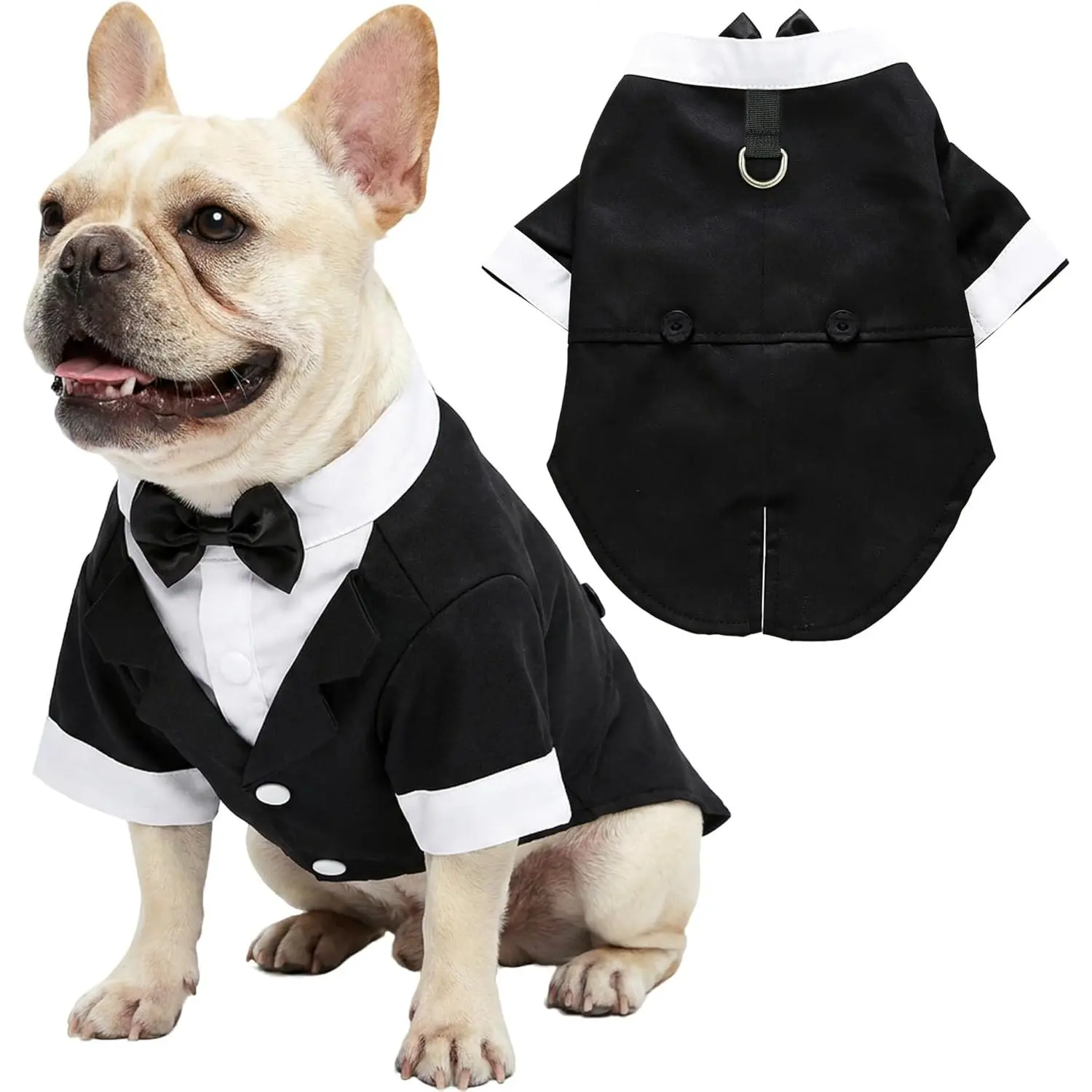 Dog Tuxedo with Bow Tie & D-Ring Clip - Formal Look Groom Attire for Small-Medium Puppies, Chihuahua, Black Size S