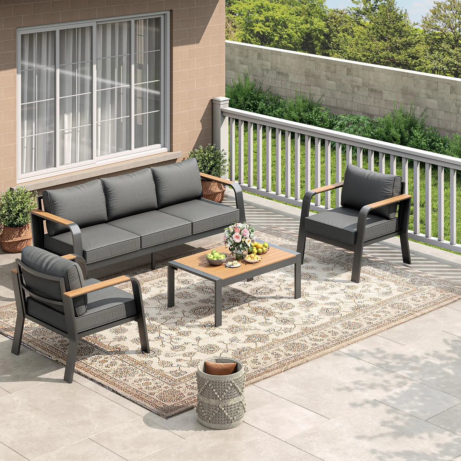 Aluminum Outdoor Patio Furniture Set with Coffee Table – 5-Seat Patio Conversation Set with Washable Thick Cushions, All-Weather Metal Furniture for Poolside, Balcony & Deck