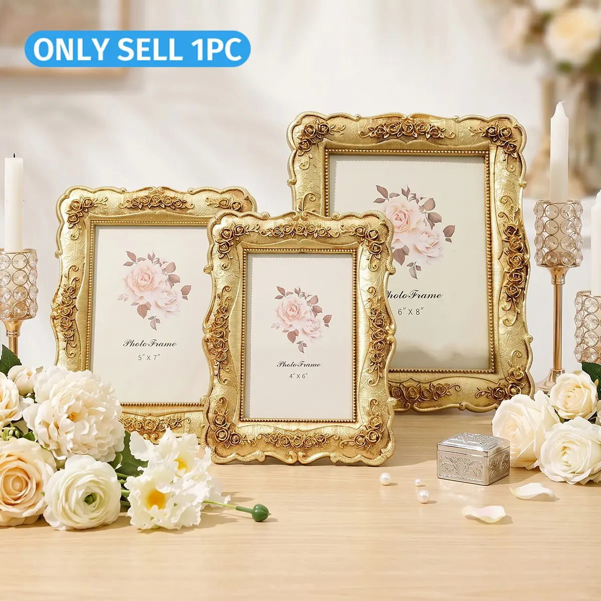 Elegant Rose Design Floral Picture Frame, Photo Frames, Resin Hand-Painted Vintage Decor, Desktop Decoration for Home, Wedding, Moving, Bedroom, Living Room