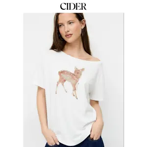Cider Cotton-blend Deer Graphic Asymmetrical Neck Oversized Tee SummerWins Dealsforyou