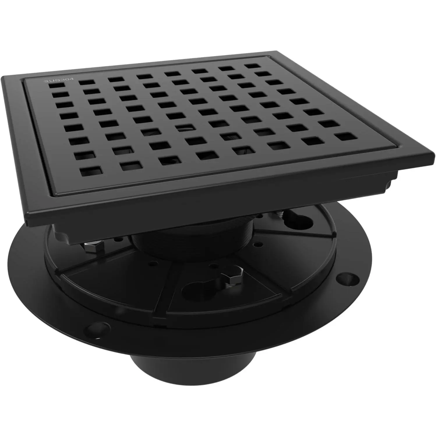6 Inch Square Matte Black Shower Floor Drain with Flange, Removable Quadrato Pattern Grate Cover, Food-Grade SUS 304 Stainless Steel, CUPC & Watermark Certified for Easy Cleaning