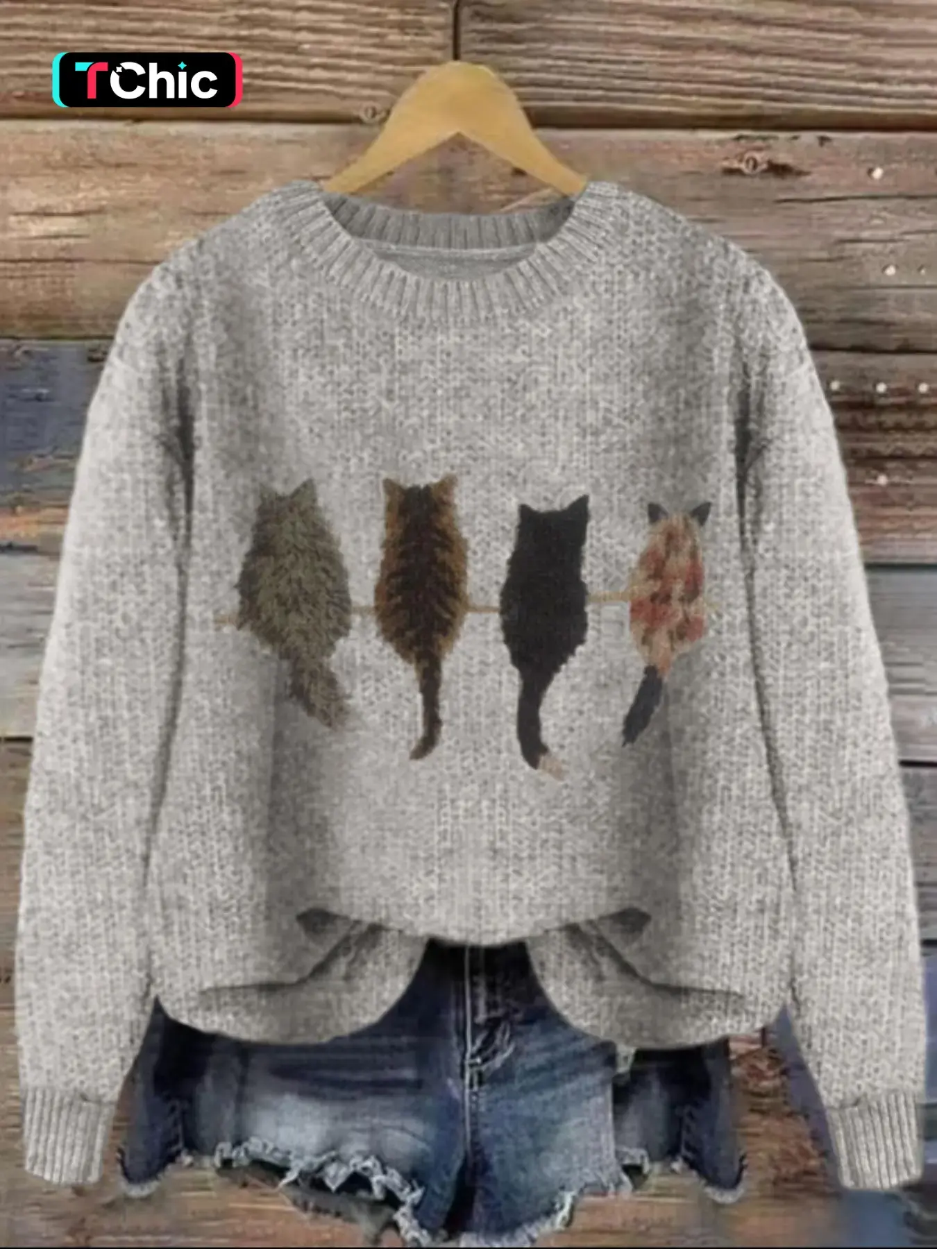 Women's Cat Print Drop Shoulder Soft Knitted Sweater, Casual Long Sleeve Round Neck Animal Print Jumper for Fall & Winter, Fashion Ladies' Knitwear for Daily Wear, Womenswear, Knitting Fit, Casual Loose Jumpers