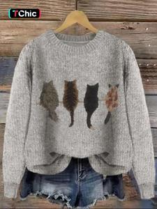 women's cat print drop shoulder sweater, casual comfortable long sleeve round neck jumper for fall & winter, fashion ladies' knitwear for daily wear, tops for women, trending clothing women, soft crew neck clothes for women