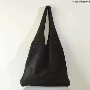 Boho Hollow Knitted Crochet Tote Bag Large Capacity Breathable Top Handle Bag Beach Shopping Daily Commute Handbag