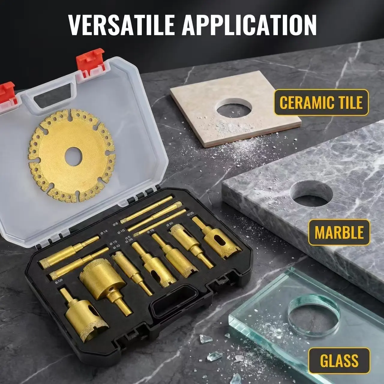 13PCS Diamond Hole Saw Kit with Brazed Diamond Cutting Blade, Dry & Wet Drilling, 6-35mm Hole Saws + 100mm Diamond Saw Blade for Tile, Marble, Porcelain, Glass & Ston, Hole Saw Set