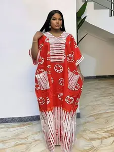African Style Fashion Dress Summer Loose Plus Size Print Chest Patch Ethnic Boubou Kaftan Long Robe Daily Travel Party V Neck Short Sleeve with Pockets and Scarf Casual Wear Boho Casual Summer