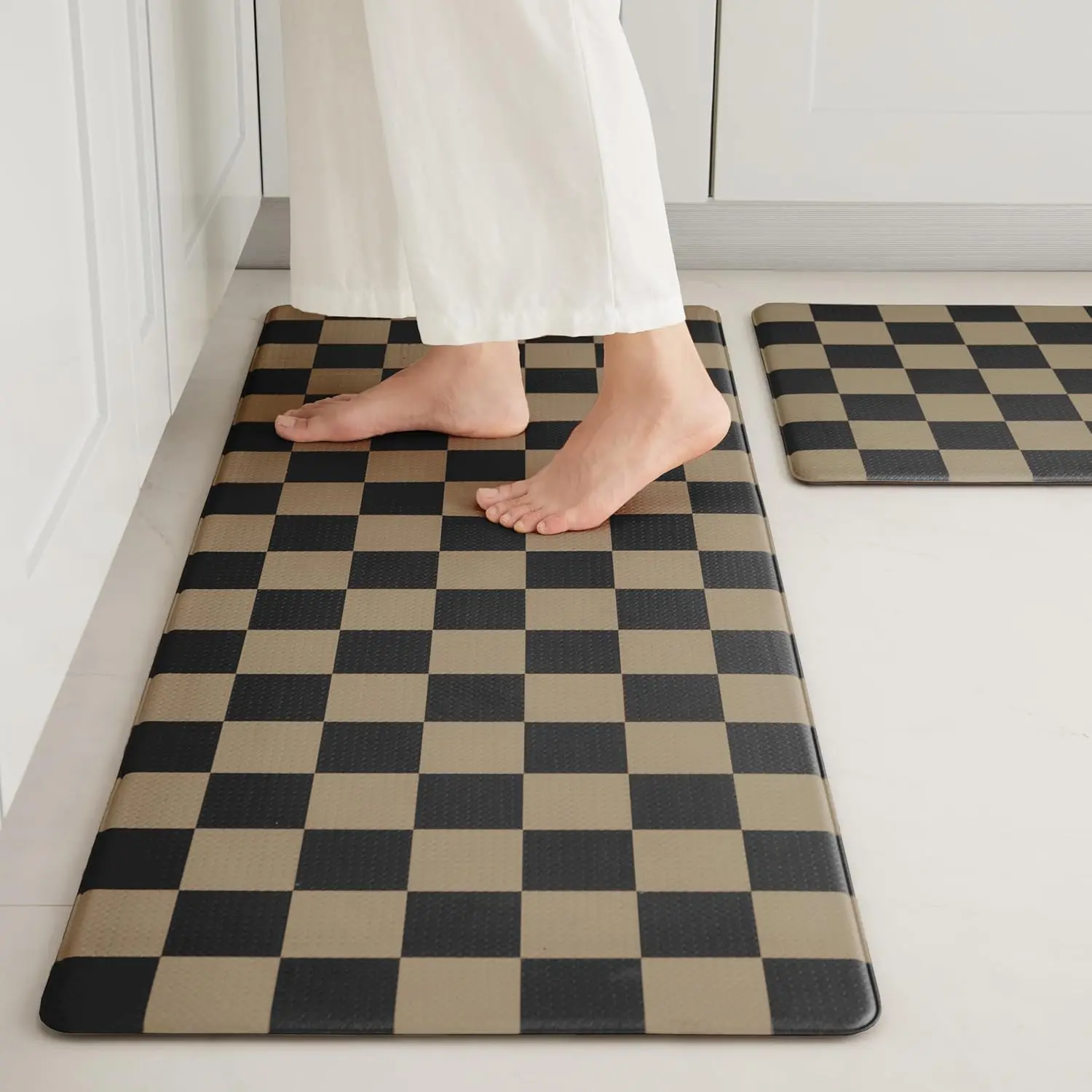 Checkered Kitchen Mats for Floor Set of 2, 2 count Cushioned Non Slip Runner Rugs for Kitchen/Sink/Laundry, Comfort Aesthetic Cute Anti-  Floor Mat (Brown/Black)