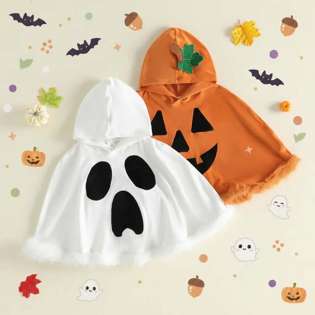 Halloween Cape for Little Girls Boys Unisex Hooded Plush Trim Hem Pumpkin/Ghost Poncho