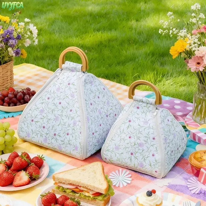 Cottagecore Floral 2-in-1 Foldable Round Picnic Blanket - Thick Waterproof Moisture-Proof Mat Converts to Insulated Tote Bag with Wooden Handle for Outdoor Events, Family Gatherings, Rustic Luggage Accessory