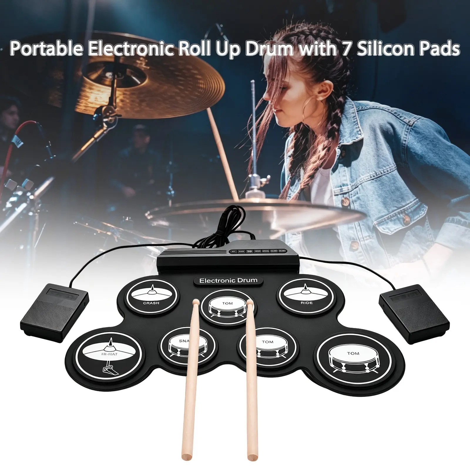 Portable Hand Roll Electronic Drum Set, Foldable Adult Beginner Jazz Mini Drum Kit, USB Midi Output, Built Metronome, Energy Saving Design