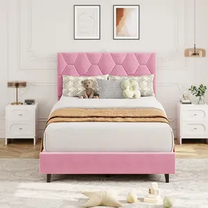 GARVEEPink Twin XL Bed Frame with Upholstered Headboard, Heavy-Duty Platform Bed Frame with Strong Wood Slats, No Box Spring Needed/Noise Free/Easy Assembly