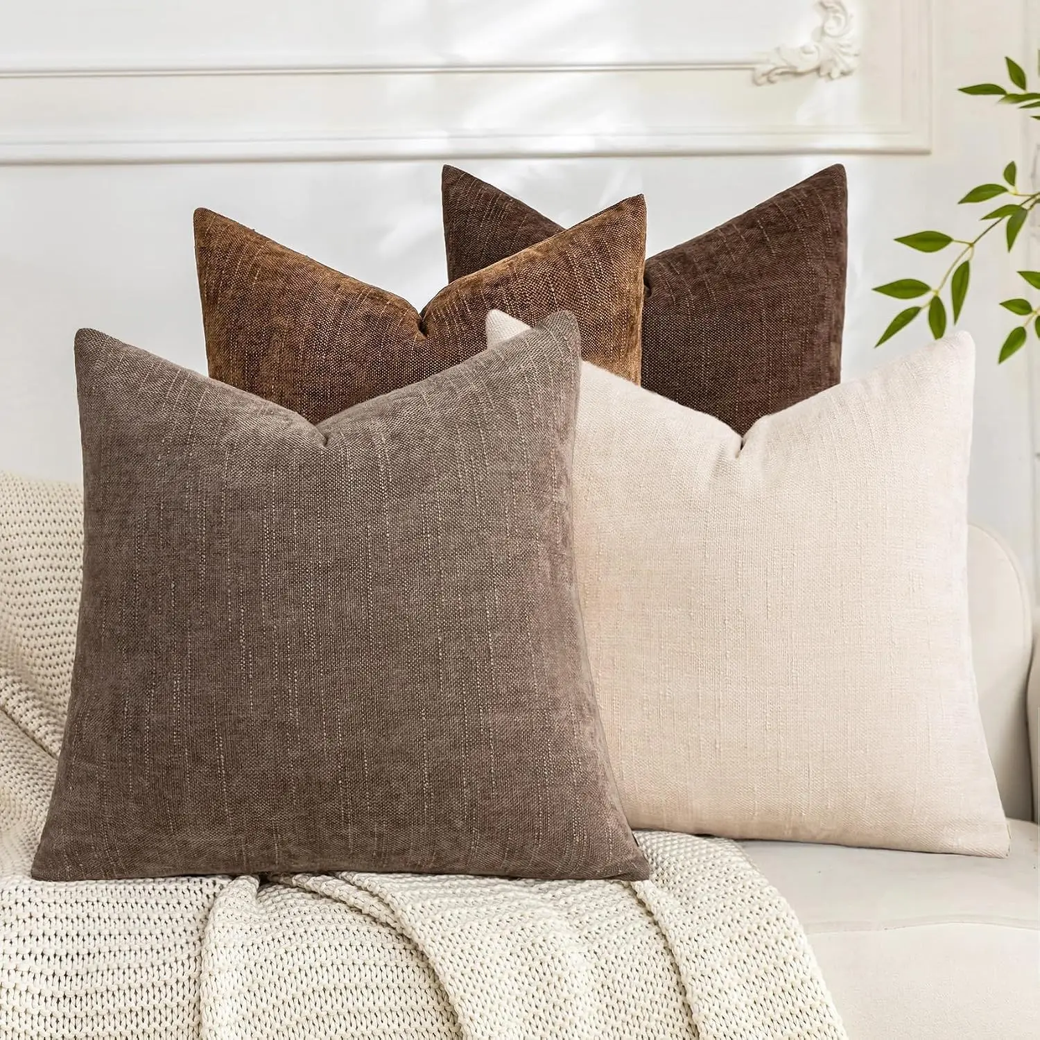 Set of 4 Soft Textured Throw Pillow Covers 18x18 Inch Cozy Decorative Farmhouse Cushion Cover Square Accent Pillow Cases for Bed Couch Sofa Living Room, Beige Taupe Brown