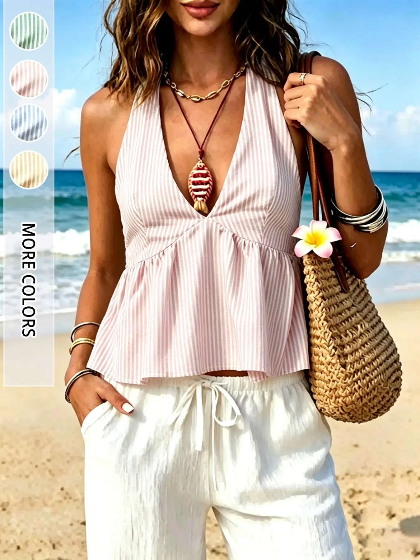New Vacation Style Striped Halter Top, Women's Loose Ruffle Sleeveless Backless Camisole Top Tank, Ruffled Casual Summer Fashion, Perfect for Holidays, Casual Beach Tank, Womenswear