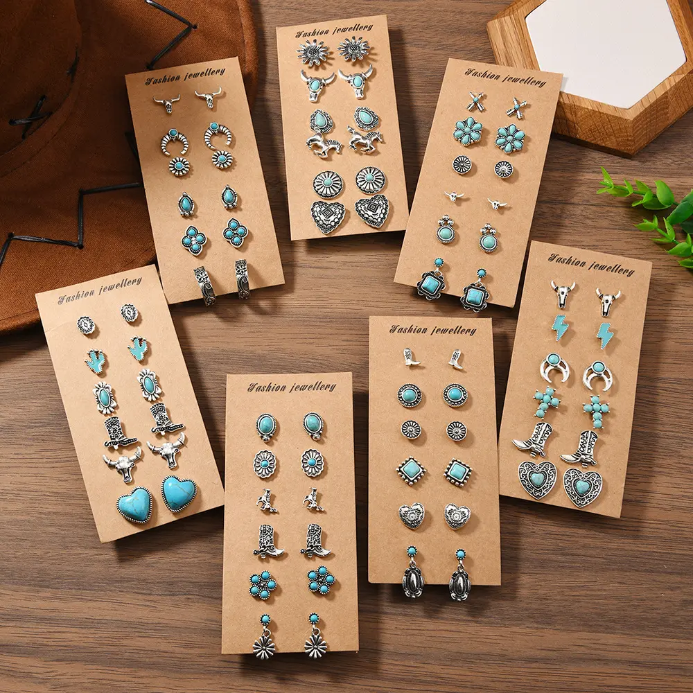 Women's Boho Style Turquoise Texture & Heart & Geometric & Animal Design Stud Earrings, Vintage Trendy Stud Earrings, Fashionable Jewelry for Women for Daily & Party Decoration, Zinc Alloy, Bohemian, Motifs, Western, Versatile, Earrings Studs, Earring Set