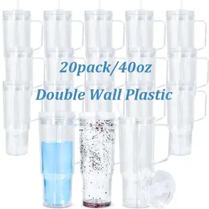 20Pack Pre-drilled 40oz Double Wall Acrylic Plastic Snowglobe Tumbler with Handle, Straw, Lid and Stopper for Glitter and UV DTF Wraps