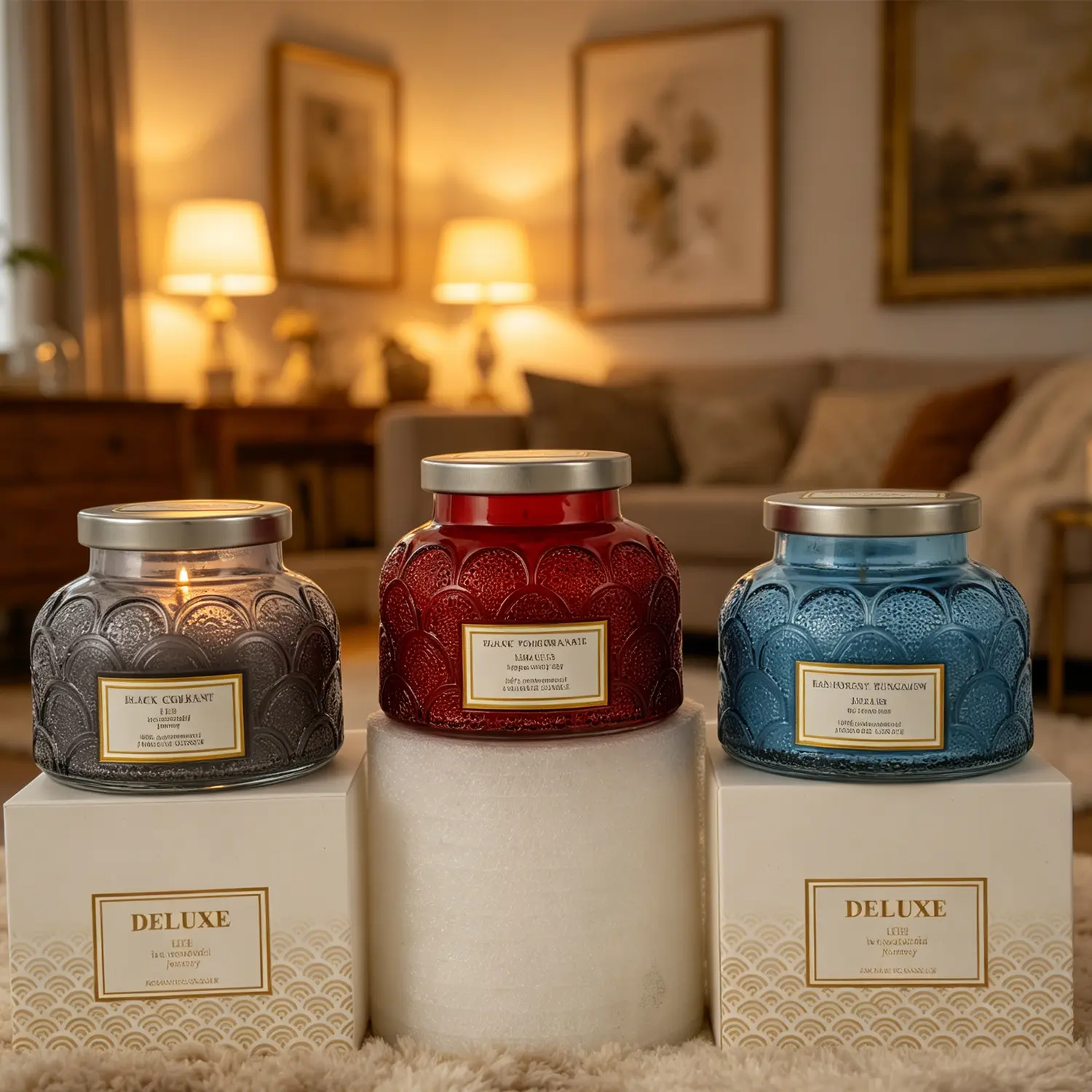 Classic Textured Embossed Scale Glass Jar Aromatherapy Candle - 100% Natural Soy Wax,  Durable Minimalist Industrial Home Decor, Warm Wick Candle with Berry/Tropical Fragrance for Relaxation, Birthday Gift